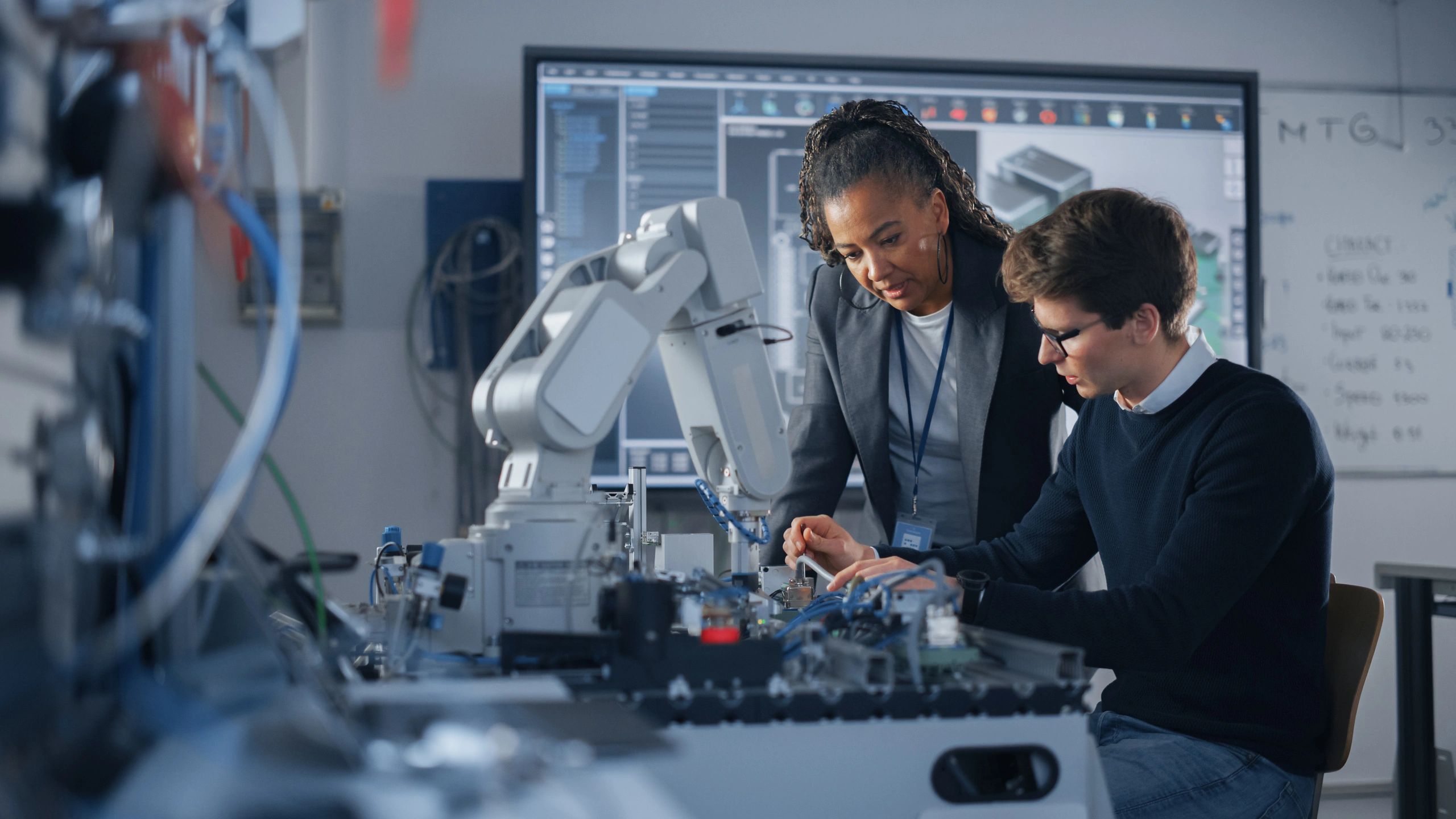 Engineers collaborating on an electronics assembly at a workbench